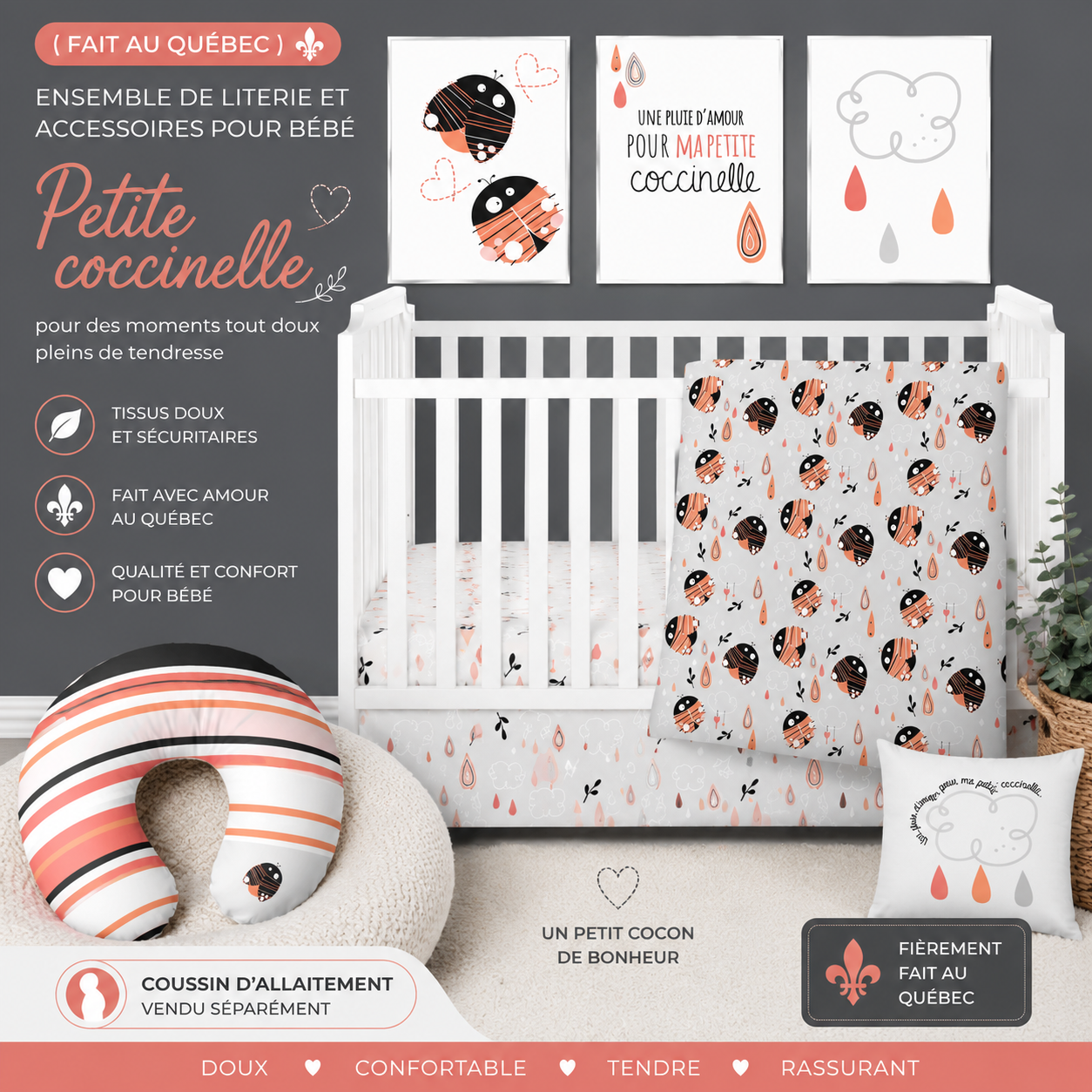 ( Fait au Québec) Ensemble de literie et accessoires pour bébé - PETITE COCCINELLE - Literie bébés Textile Patlin - Literie-Déco et moi 