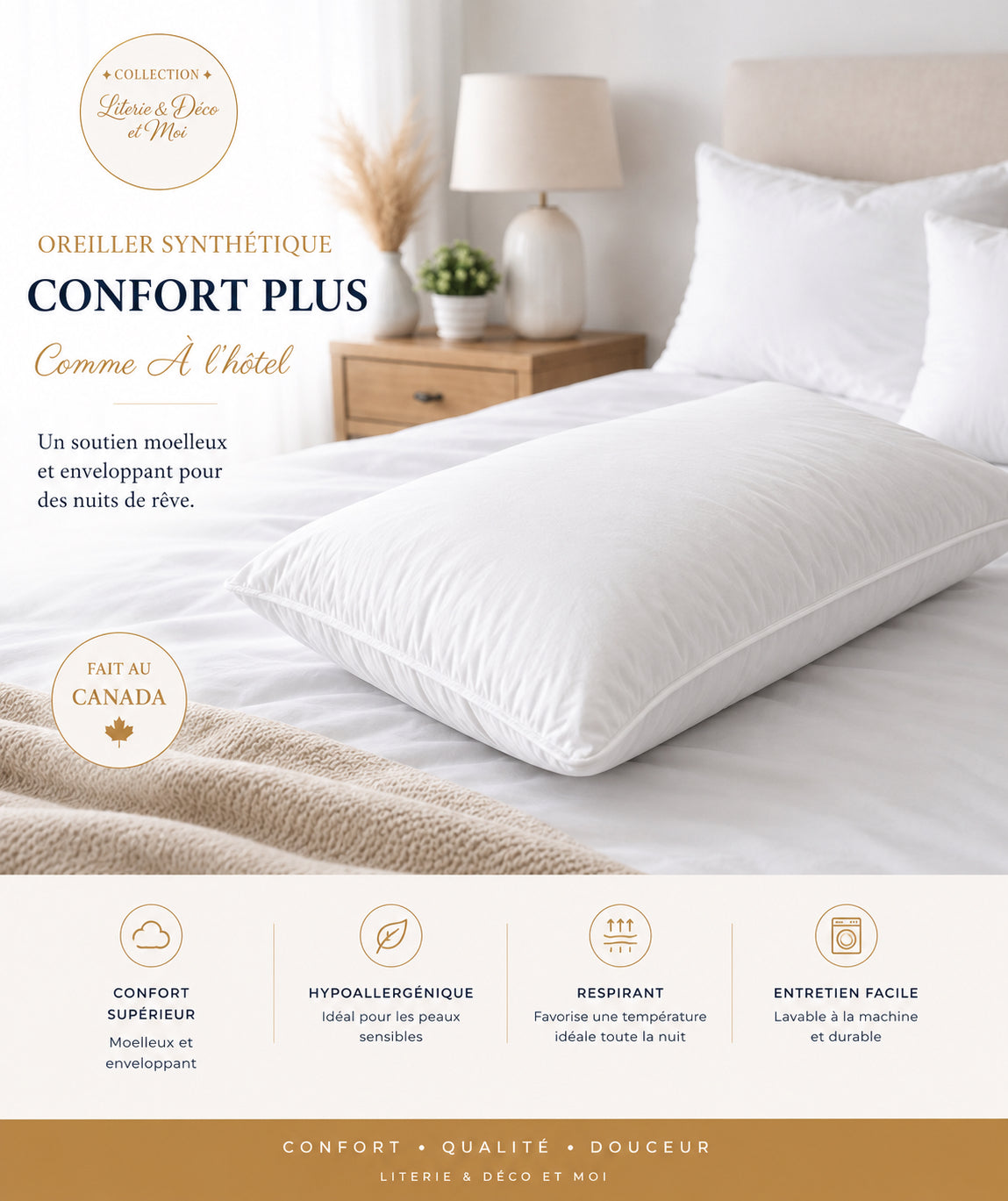 ( Collection Literie & Déco et moi )Oreiller synthétique CONFORT PLUS- Comme À l’hôtel - Oreillers LITERIE & DÉCO ET MOI - Literie-Déco et moi 