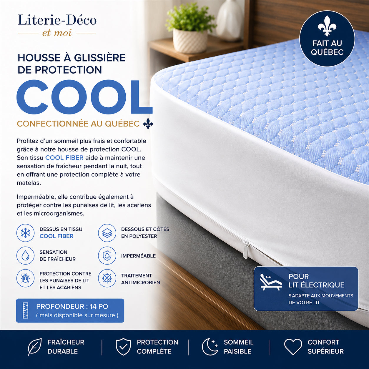 ( Fait au Québec )-Pour lit électrique- Housse a glissière imperméable COOL - protège-matelas Zénima - Literie-Déco et moi 