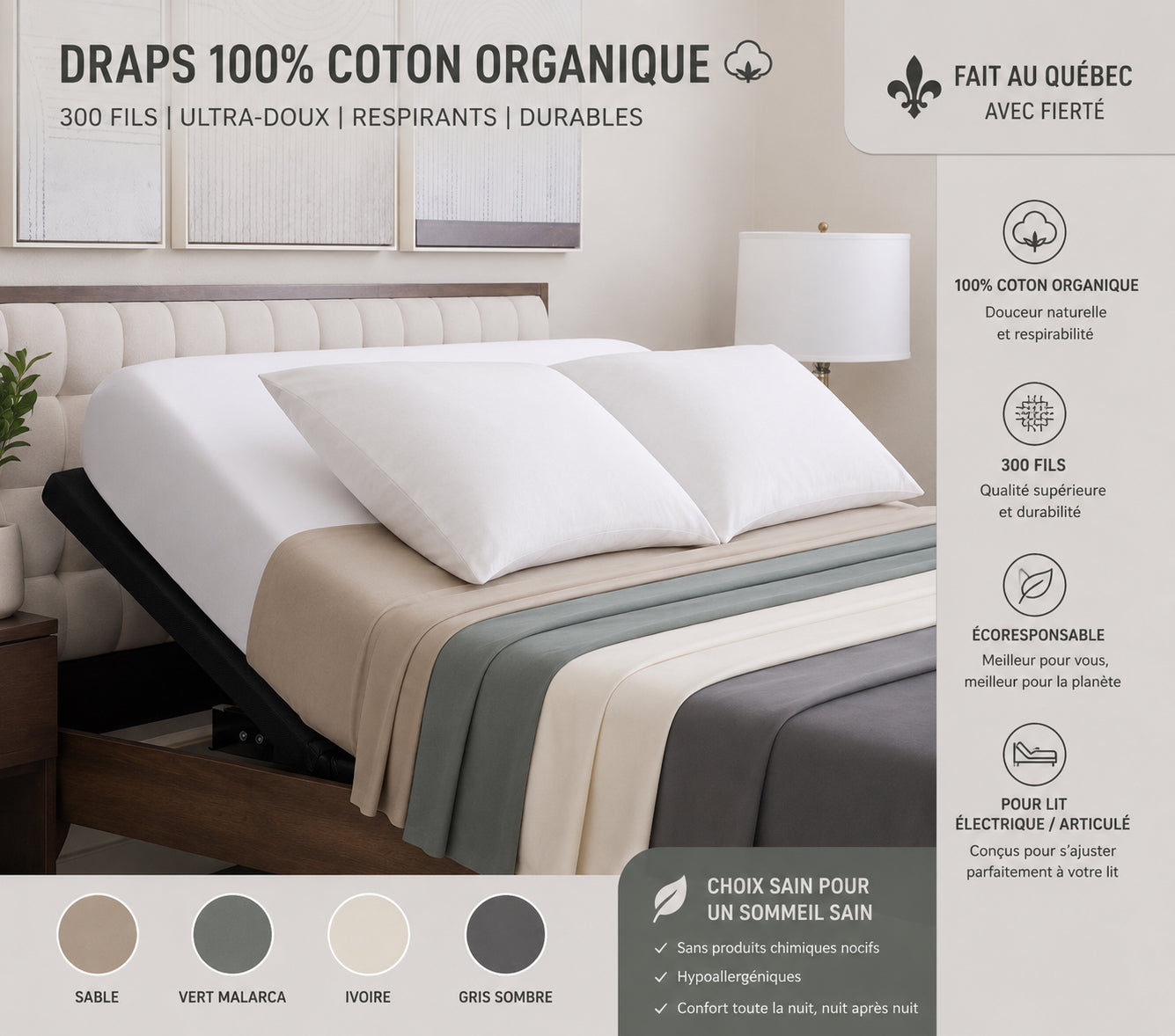 FAIT AU QUÉBEC-Draps coton 100% coton organique ( 300 fils )Pour lit électrique/articulé-JUMEAU XL- QUEEN OU KING - Draps Zénima - Literie-Déco et moi 