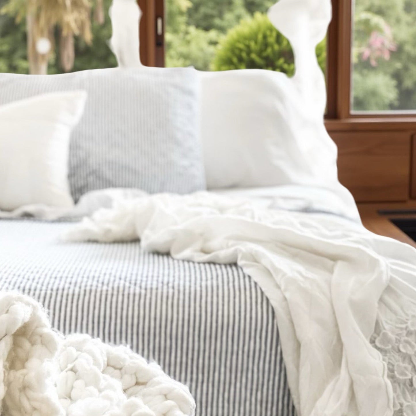 Courtepointe rayée Mykonos ( rayures bleues) Courtepointe  ,disponible chez Literie-Déco et moi 