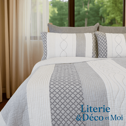 Courtepointe rayée grise et blanc cassé HILARY - Literie - Déco et moi