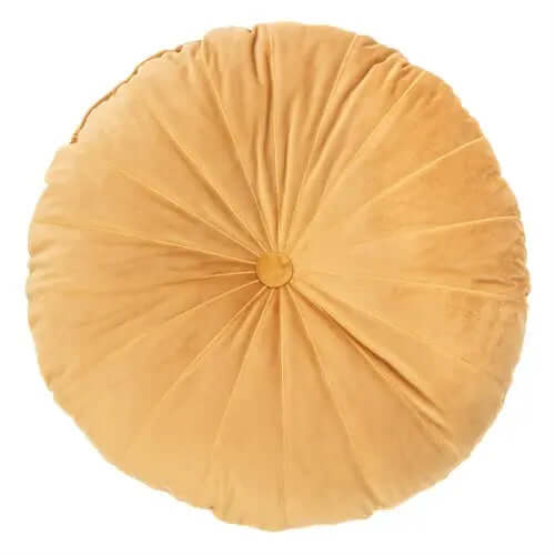Coussin rond moutarde MANDARIN ( 15'' diamètre ) -  Par Brunelli coussins  ,disponible chez Literie-Déco et moi 
