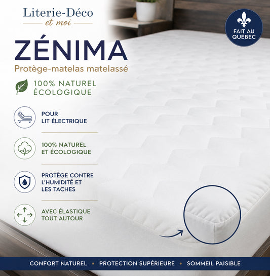 ( Fait au Québec)  Protège-matelas matelassé 100% NATUREL ÉCOLOGIQUE ( avec élastique tout autour ) - Protège-matelas Zénima - Literie-Déco et moi 