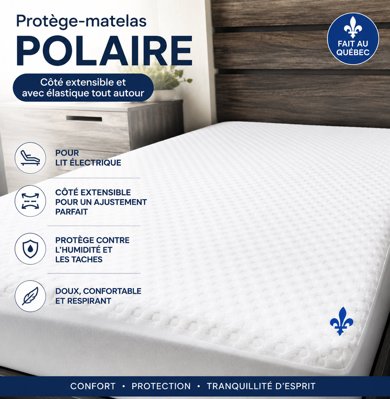 ( Fait au Québec )-Pour lit électrique- Protège-matelas POLAIRE( Coté extensible et avec élastique tout autour) - protège-matelas Zénima - Literie-Déco et moi 