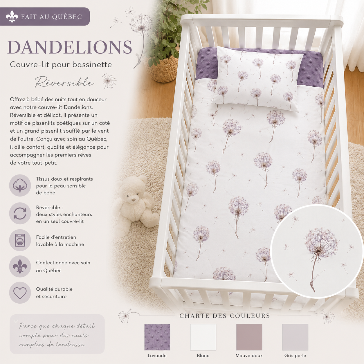 (FAIT AU QUEBEC) Dandelions - Couvre-lit pour bassinette - Douillette Fait Québec- oleoops - Literie-Déco et moi 