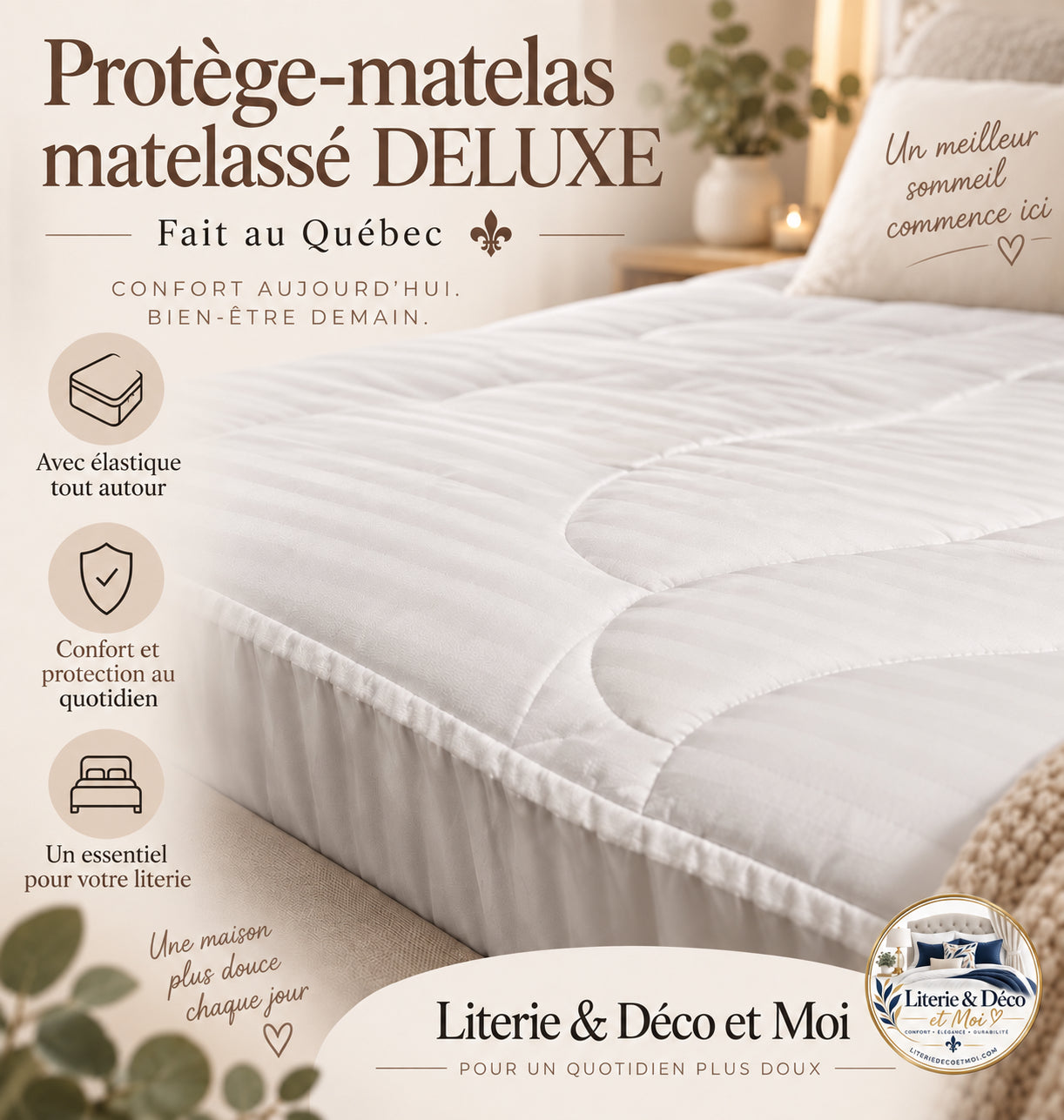 ( Fait au Québec)  Protège-matelas matelassé DELUXE  ( avec élastique tout autour) - protège-matelas Zénima - Literie-Déco et moi 