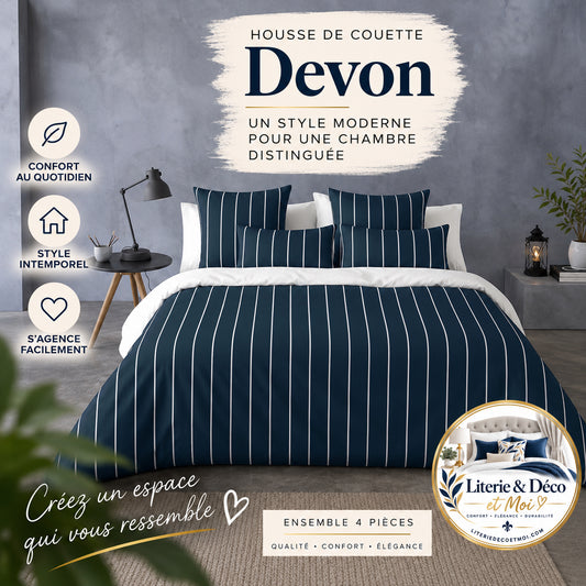 (Fait au Québec) Housse de couette DEVON ( marine et blanc) - Ensemble 4 pièces ) - Housse de couette CHÉNÉ - Literie-Déco et moi 