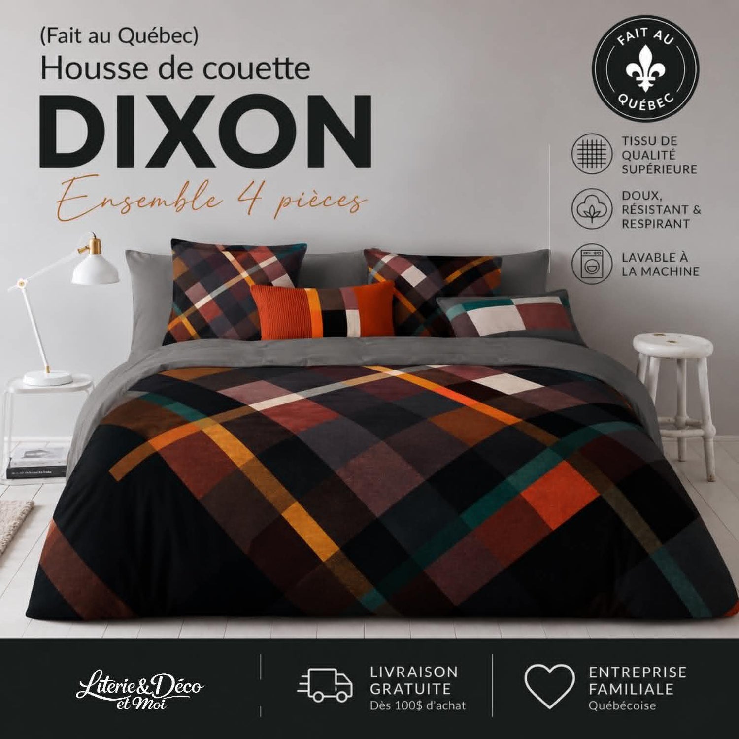 (Fait au Québec)Housse de couette DIXON  ( Ensemble 4 pièces ) - Housse de couette CHÉNÉ - Literie-Déco et moi 