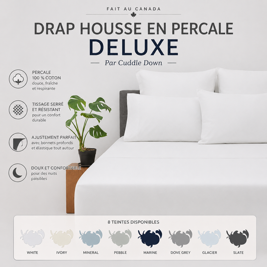 (Fait au Canada) Drap housse en percale DELUXE- Par Cuddle Down ( 8 teintes disponibles ) - DRAPS Cuddle Down - Literie-Déco et moi 