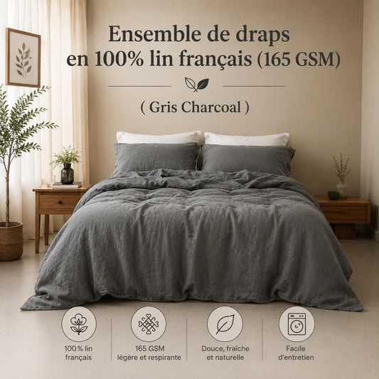 Ensemble de draps en 100% lin francais (165 GSM) -Gris Charcoal - Draps Literie & Déco et moi - Literie-Déco et moi 