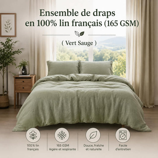 Ensemble de draps en 100% lin francais (165 GSM) - Vert Sauge - Draps Literie & Déco et moi - Literie-Déco et moi 