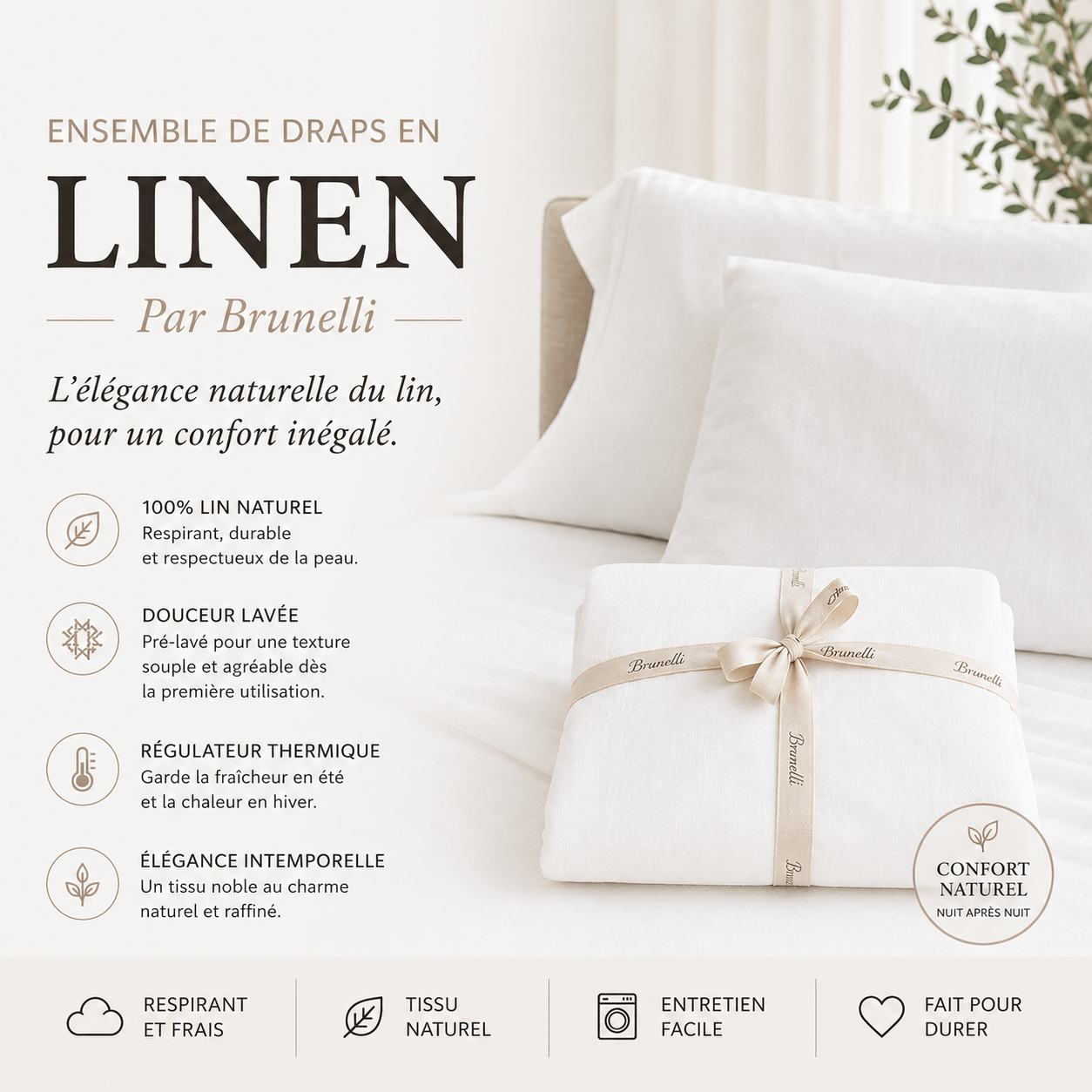 Ensemble de draps en lin blanc LINEN ( Par Brunelli) - Draps Brunelli - Literie-Déco et moi 