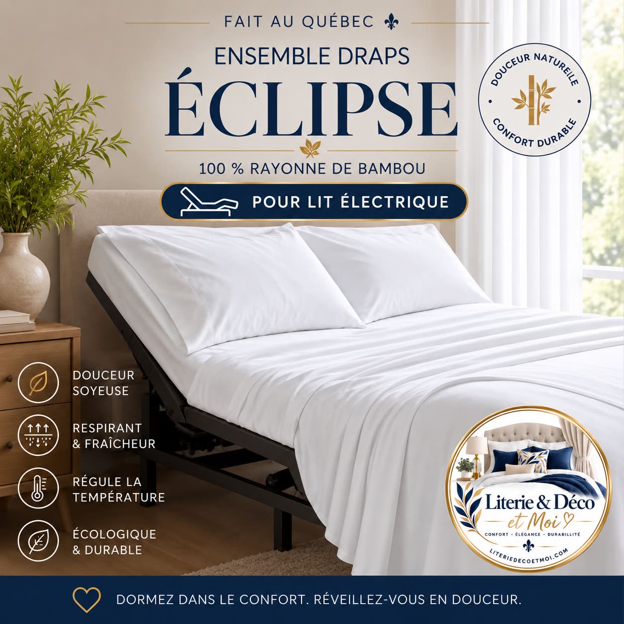 (FAIT AU QUÉBEC) Pour lit électrique-Draps ÉCLIPSE ( 100% rayonne bambou ) - Draps Zénima - Literie-Déco et moi 