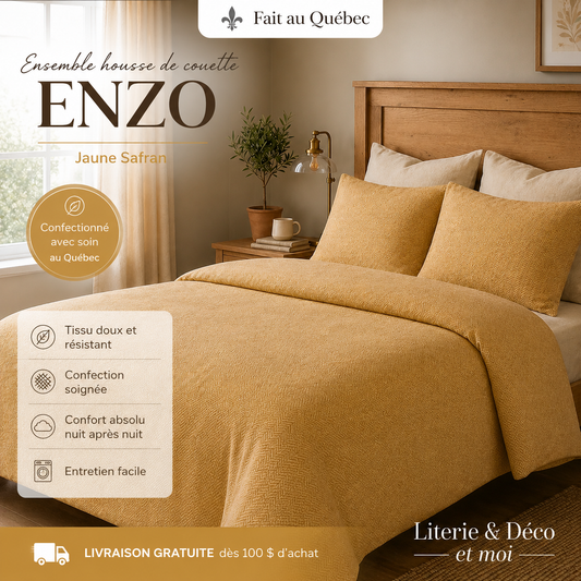 (Fait au Québec) Ensemble housse de couette ENZO ( Jaune Safran) - Housse de couette CHÉNÉ - Literie-Déco et moi