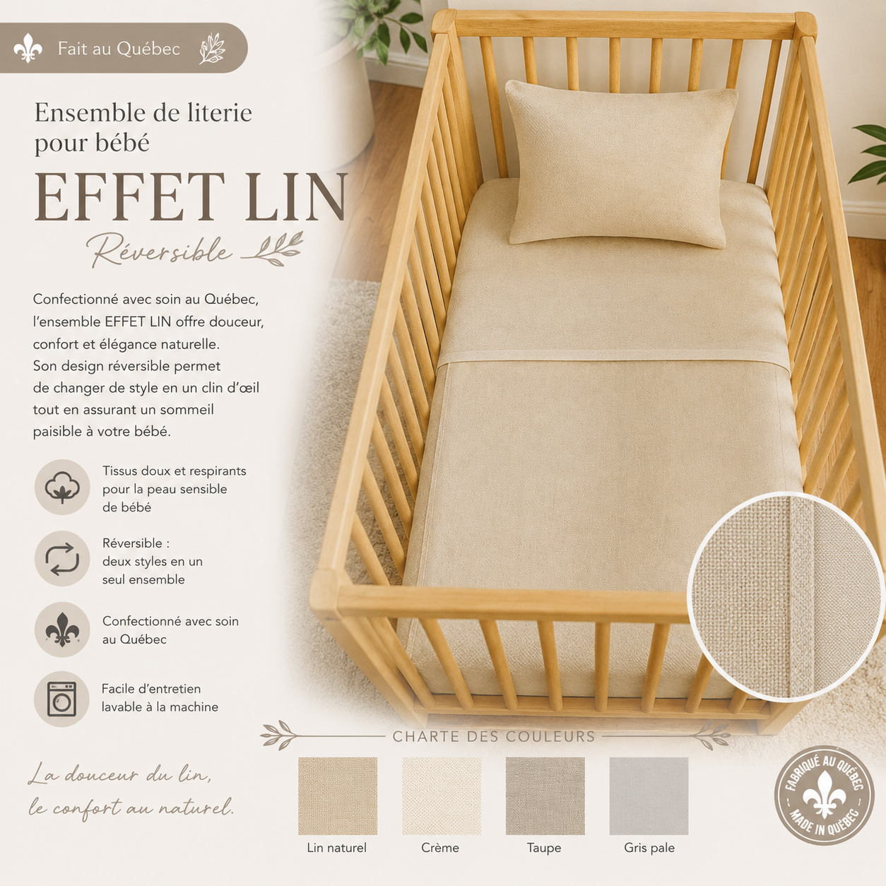 ( Fait au Québec) Ensemble de literie pour bébé EFFET LIN ( Réversible ) - Douillette bébé Literie & Déco et moi - Literie-Déco et moi 