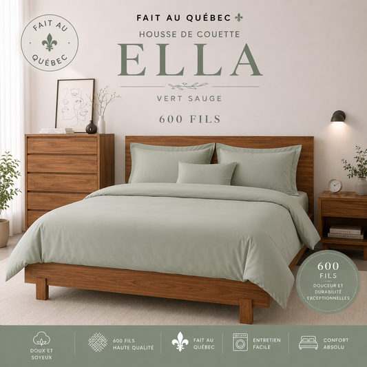 (FAIT AU QUÉBEC) -Housse de couette ELLA (Vert Sauge)- 600 fils - Housse de couette Chéné-Sasseville - Literie-Déco et moi 