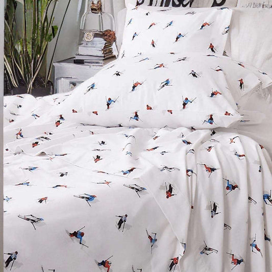 Ensemble de draps  imprimés en flanelle SKIEURS Draps  ,disponible chez Literie-Déco et moi 