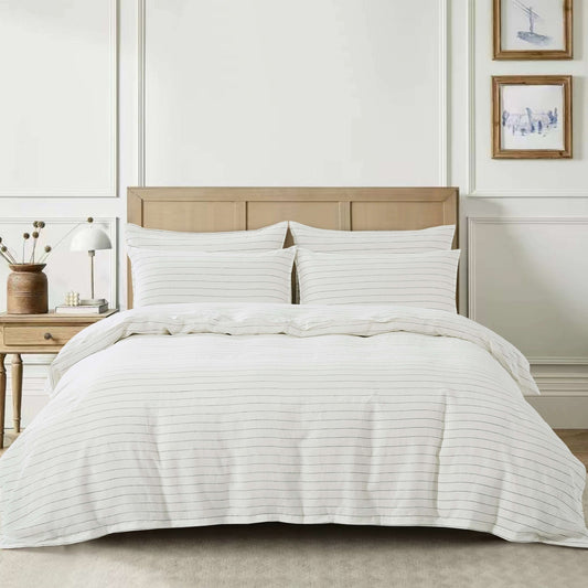 Ensemble de housse de couette en 100% lin français blanc a rayures grises PINSTRIPE Housse de couette  ,disponible chez Literie-Déco et moi 
