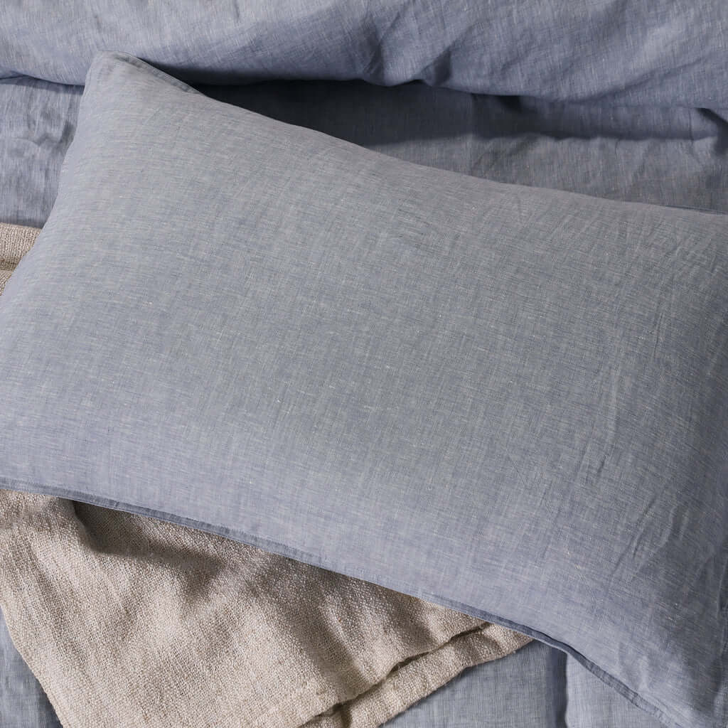 Ensemble de housse de couette en 100% lin français ( Bleu chiné Heather ) - Literie - Déco et moi