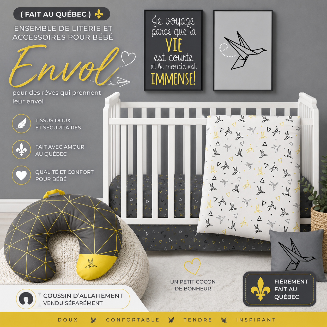 ( Fait au Québec) Ensemble de literie et accessoires pour bébé - ENVOL - Literie bébés Textiles Patlin - Literie-Déco et moi 