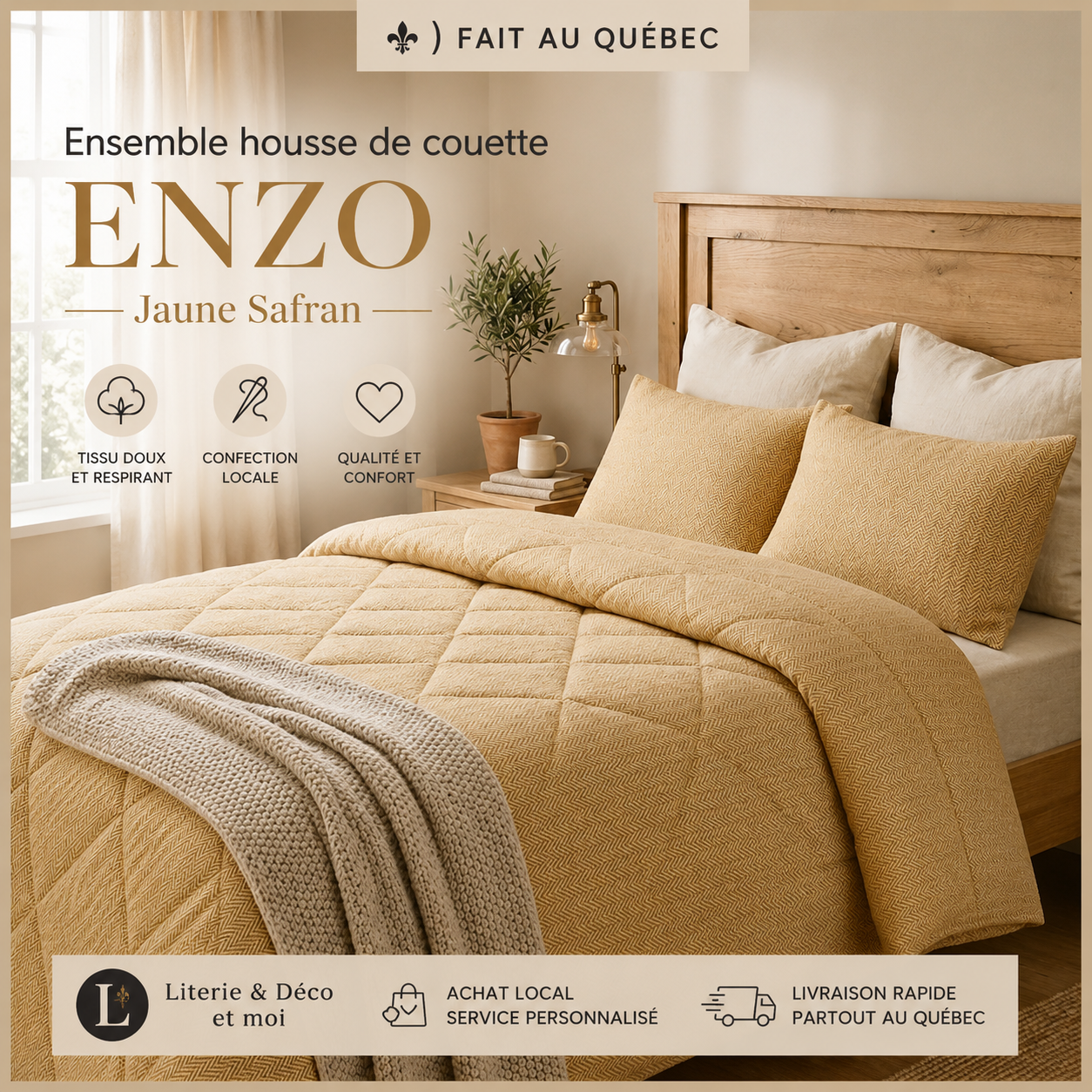 (FAIT AU QUÉBEC) -Ensemble douillette ENZO ( Jaune safran ) - Douillette Chéné-Sasseville - Literie-Déco et moi 