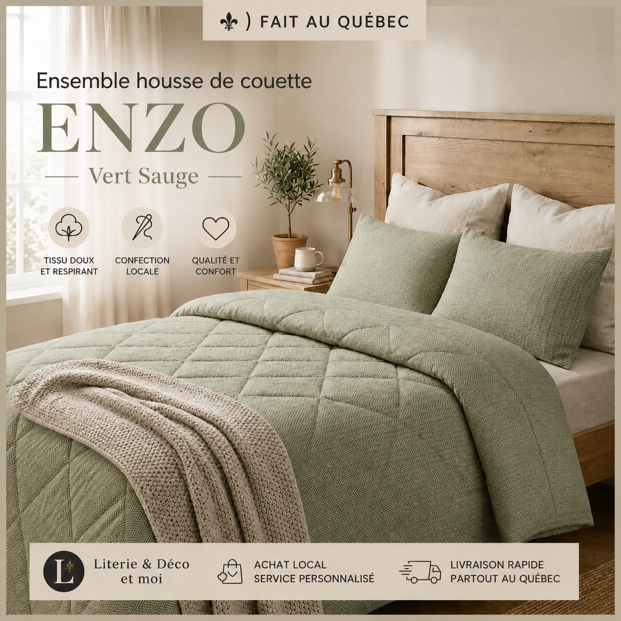 (FAIT AU QUÉBEC) -Ensemble douillette ENZO (Vert Sauge ) - Douillette Chéné-Sasseville - Literie-Déco et moi 