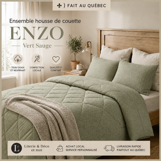 (FAIT AU QUÉBEC) -Ensemble douillette ENZO (Vert Sauge ) - Douillette Chéné-Sasseville - Literie-Déco et moi
