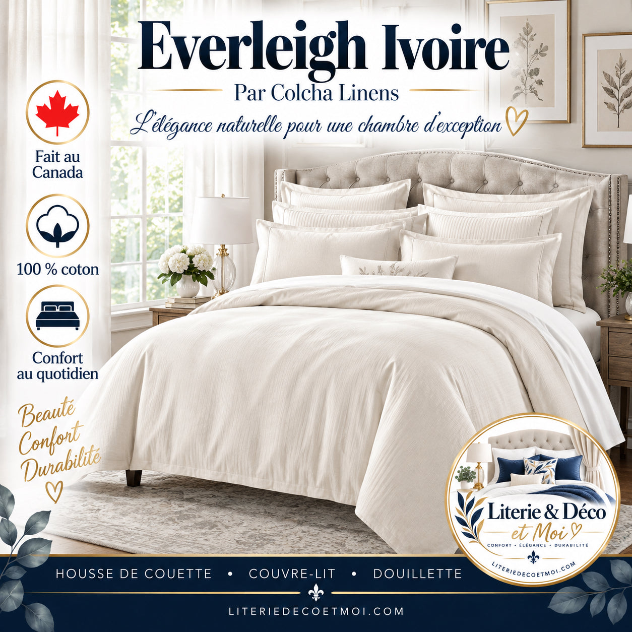 FAIT AU CANADA- Modèle EVERLEIGH ( Ivoire ) - Par Colcha Linens - Douillette, Couvre-lit, Housse de couette Colcha Linens - Literie-Déco et moi 
