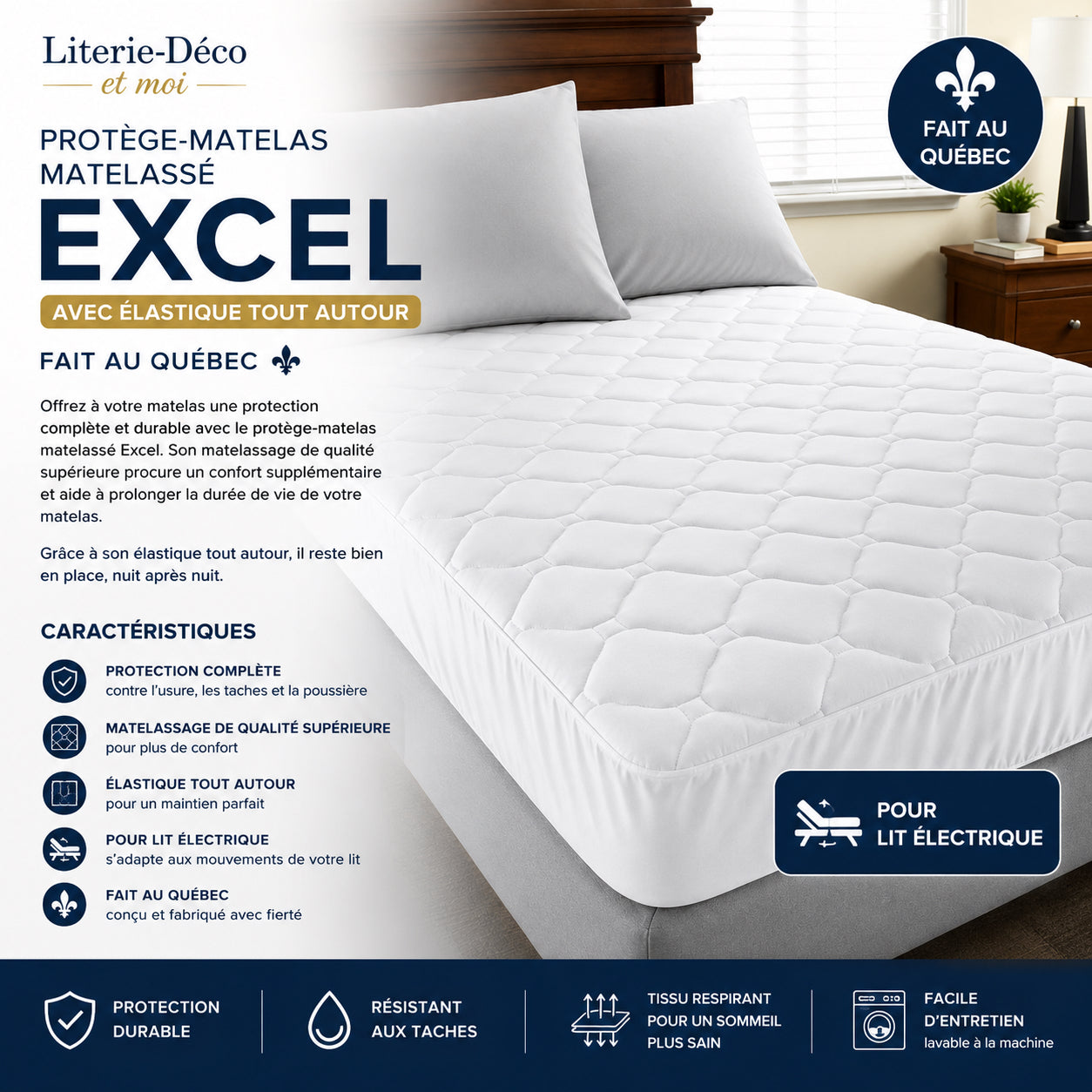 ( Fait au Québec )-Pour lit électrique- Protège-matelas matelassé EXCEL (avec élastique tout autour) - protège-matelas Zénima - Literie-Déco et moi 