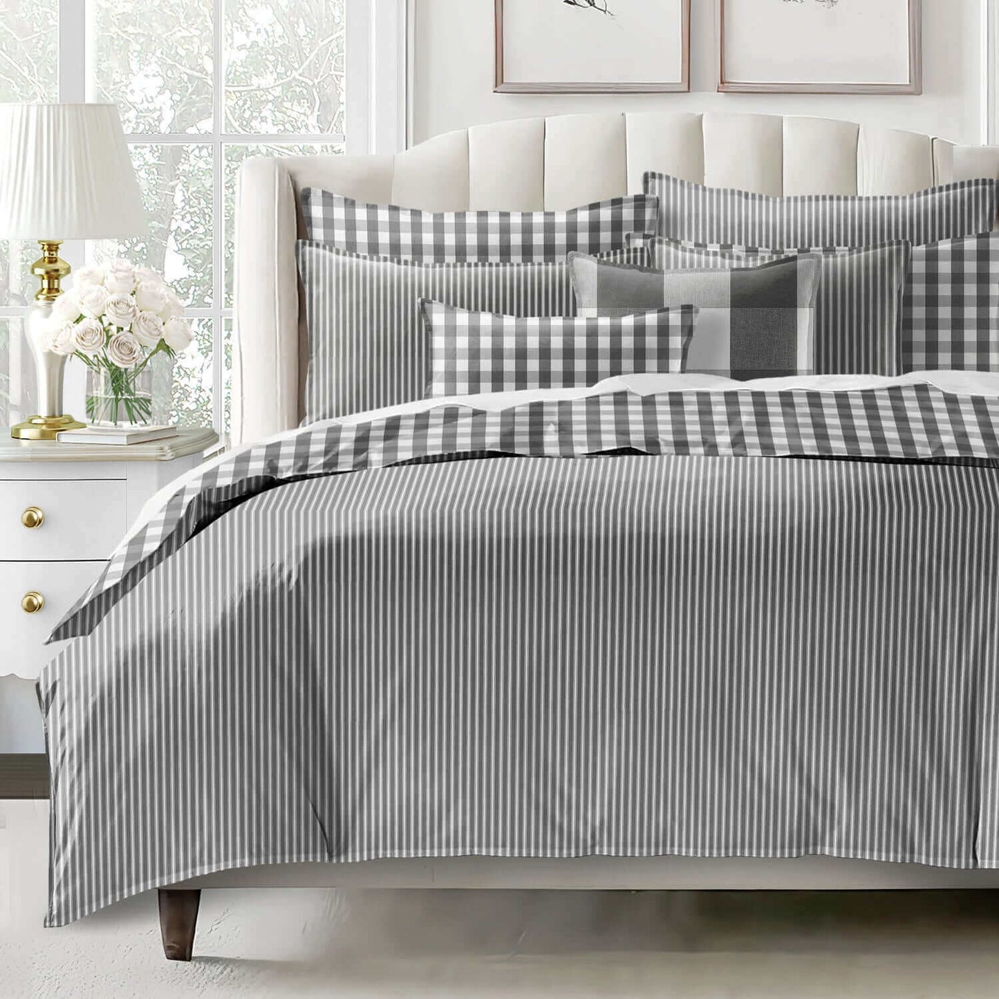 FAIT AU CANADA- Ensemble 3 pièces- WALKER RAYÉ (Gris) - Par Colcha Linens Douillette, Couvre-lit, Housse de couette  ,disponible chez Literie-Déco et moi 
