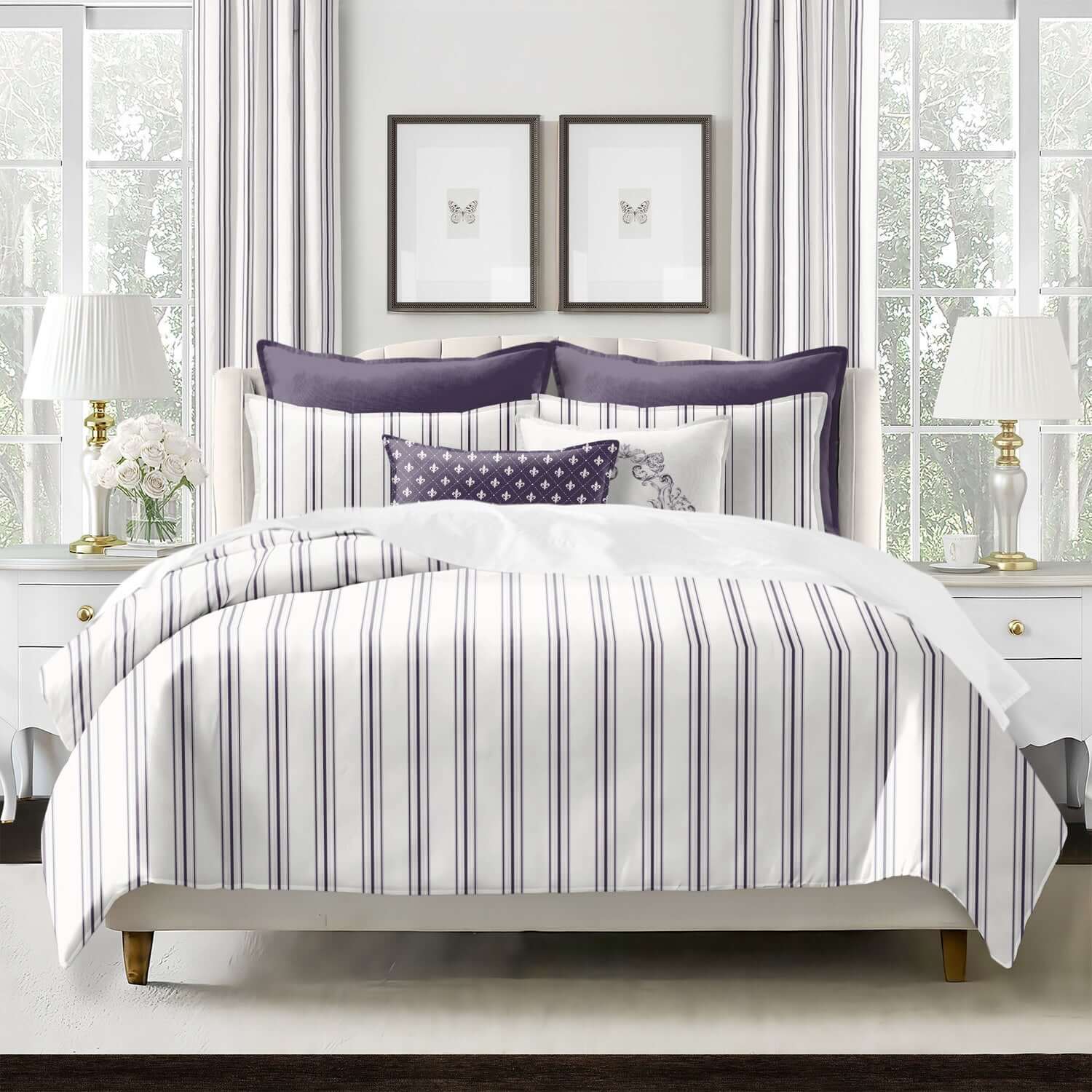 FAIT AU CANADA- Modèle AUGUST STRIPE ( Aubergine ) - Par Colcha Linens Douillette, Couvre-lit, Housse de couette  ,disponible chez Literie-Déco et moi 