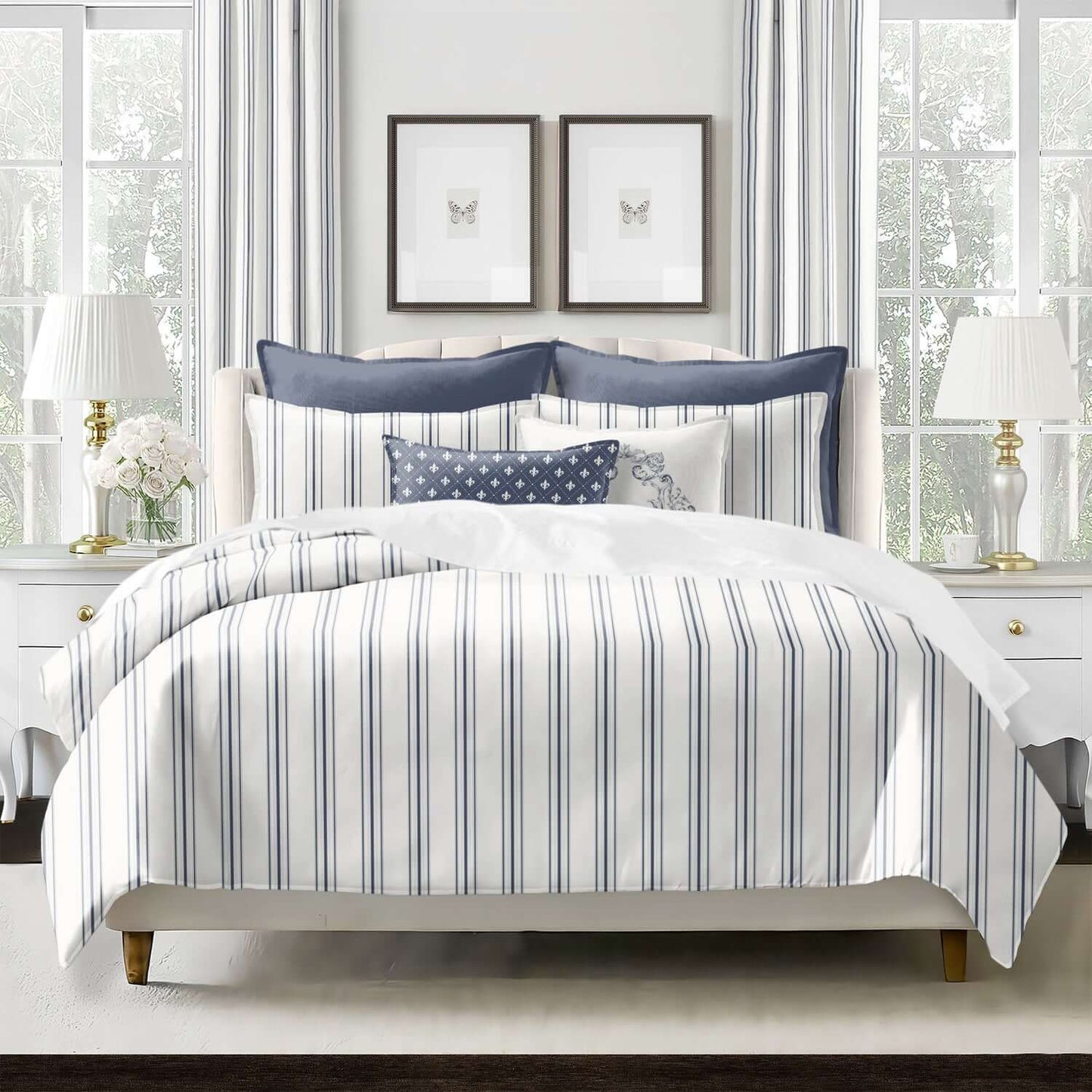 FAIT AU CANADA - Modèle AUGUST STRIPE ( Bleu denim ) - Par Colcha Linens - Literie - Déco et moi
