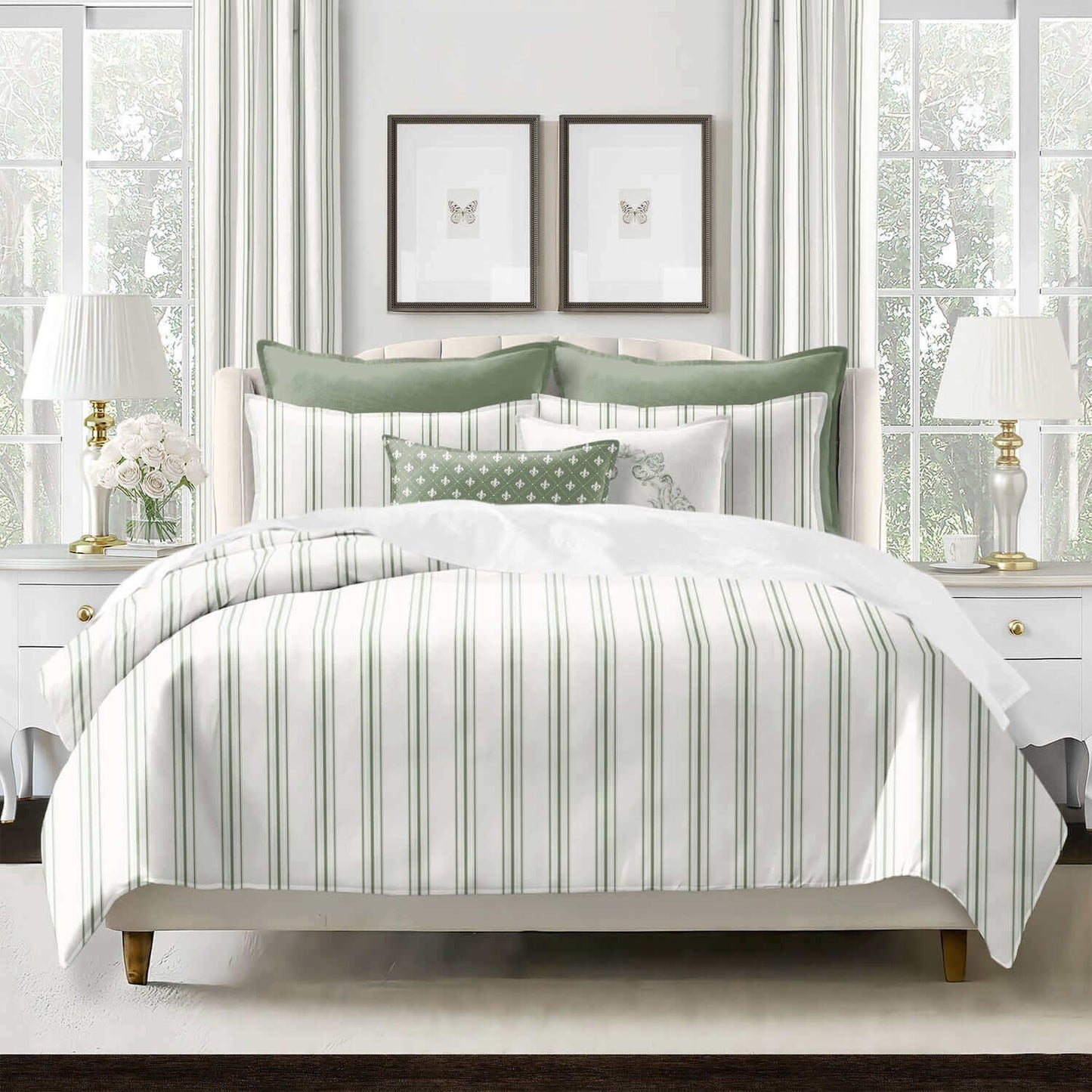 FAIT AU CANADA-Modèle AUGUST STRIPE (Vert) -Par Colcha Linens Douillette, Couvre-lit, Housse de couette  ,disponible chez Literie-Déco et moi 