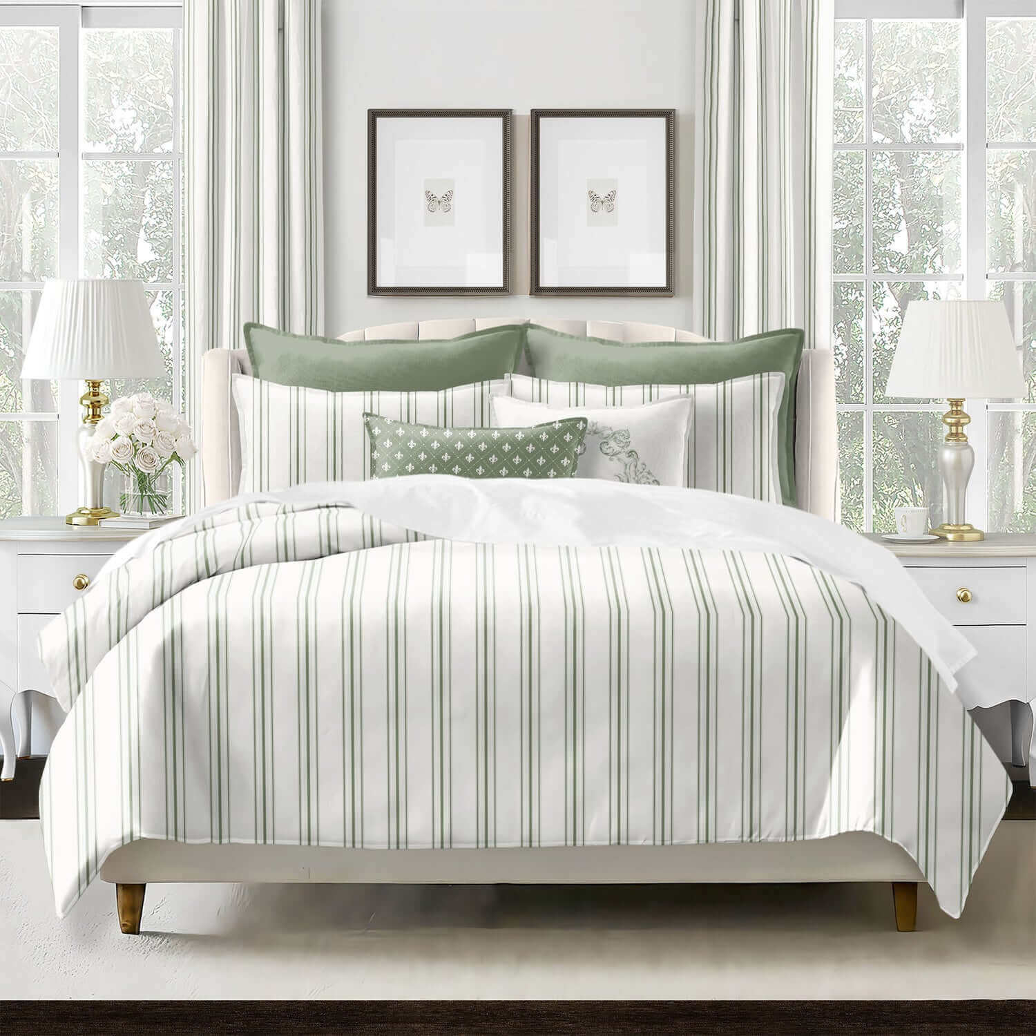 FAIT AU CANADA-Modèle AUGUST STRIPE (Vert) -Par Colcha Linens Douillette, Couvre-lit, Housse de couette  ,disponible chez Literie-Déco et moi 