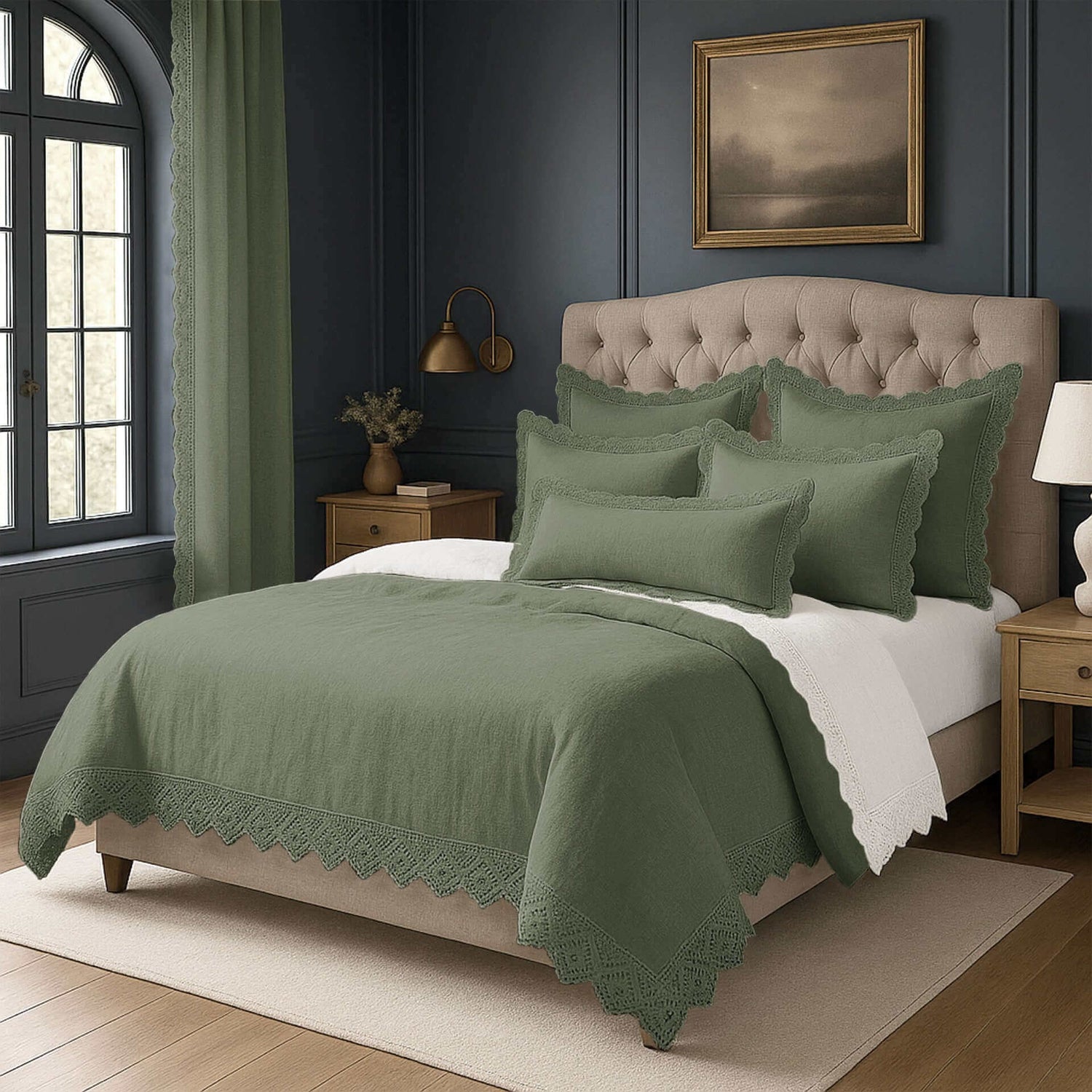 FAIT AU CANADA - Modèle ELSIE , avec finition Dentelle ( Vert ) - Par Colcha Linens - Literie - Déco et moi