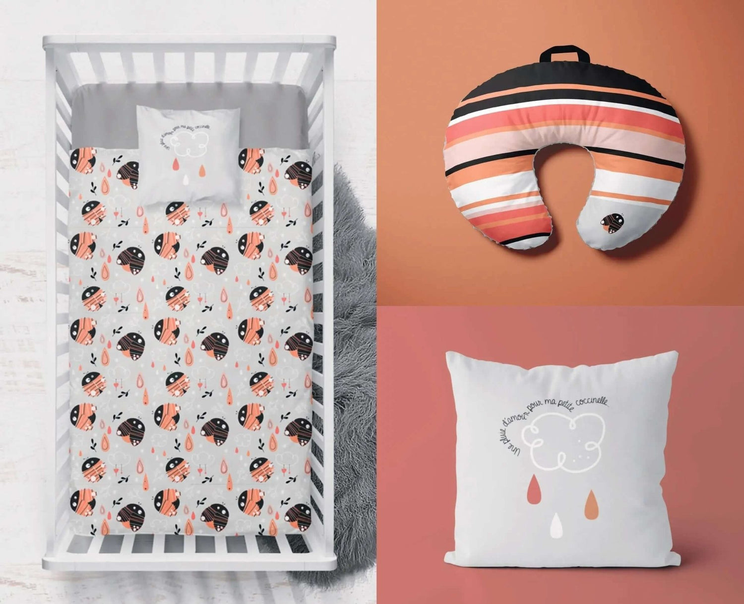 ( Fait au Québec) Ensemble de literie et accessoires pour bébé - PETITE COCCINELLE Literie bébés  ,disponible chez Literie-Déco et moi 