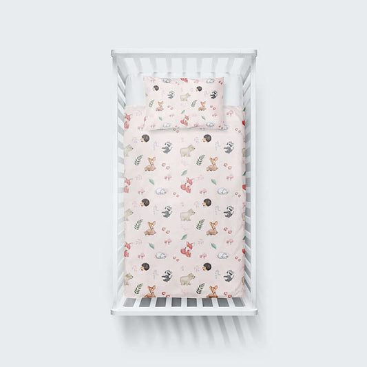 ( Fait au Québec) Ensemble de literie pour bébé- ANIMAUX DE LA FORET (Rose ) housses de couette bébé  ,disponible chez Literie-Déco et moi 