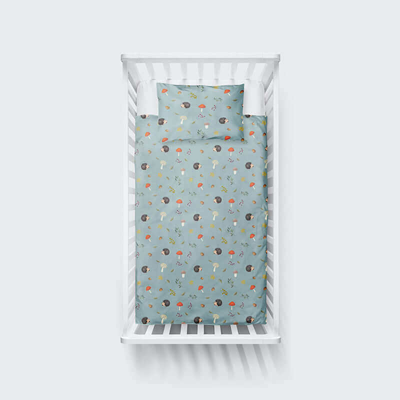 ( Fait au Québec) Ensemble de literie pour bébé- HÉRISSON ET CHAMPIGNONS ( Turquoise) - housses de couette bébé Atelier la Fée - Literie-Déco et moi 