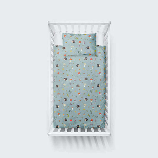 ( Fait au Québec) Ensemble de literie pour bébé- HÉRISSON ET CHAMPIGNONS ( Turquoise) - housses de couette bébé Atelier la Fée - $24.99! Literie-Déco et moi 