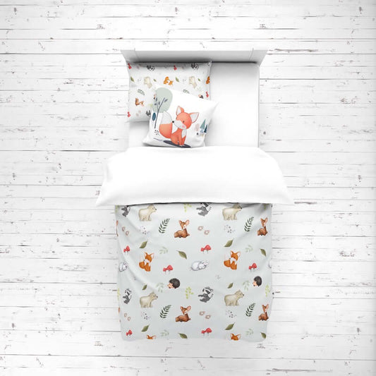 ( Fait au Québec) Ensemble housse de couette - ANIMAUX DE LA FORET ( Gris) housses de couette enfants  ,disponible chez Literie-Déco et moi 