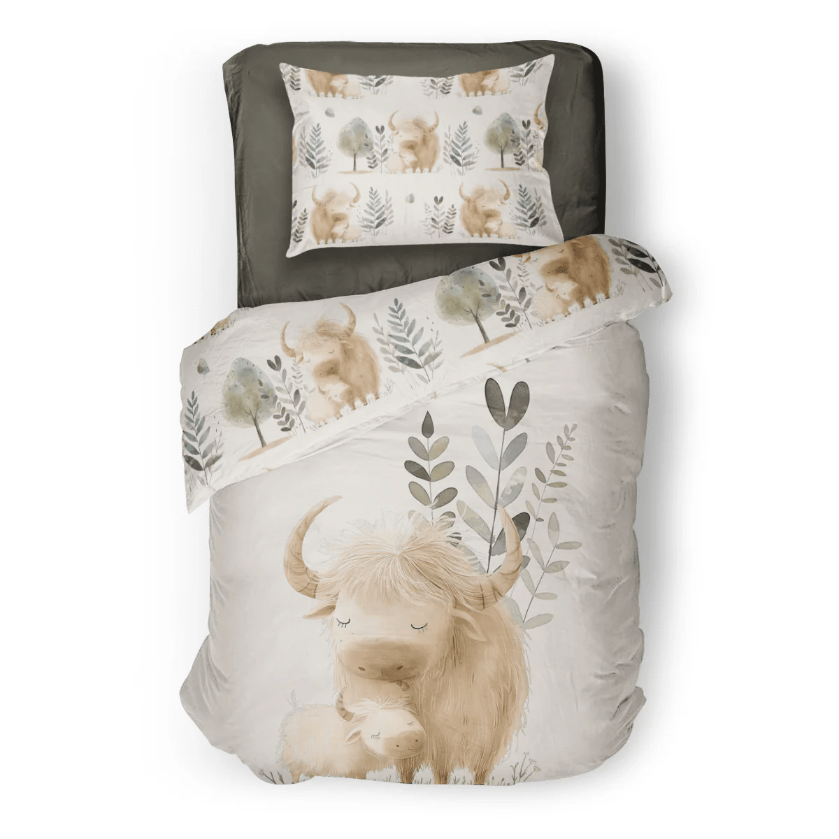 (FAIT AU QUEBEC) Maman et bébé vaches Highland - Couvre - lit pour enfants - Literie - Déco et moi