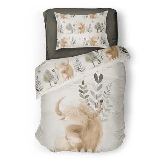 (FAIT AU QUEBEC) Maman et bébé vaches Highland - Couvre - lit pour enfants - Literie - Déco et moi