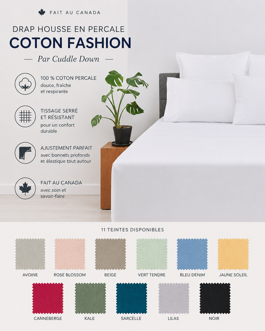 ( Fait au Canada )Drap housse en percale coton FASHION(11 teintes disponibles)- Par Cuddle Down - DRAPS Cuddle Down - Literie-Déco et moi