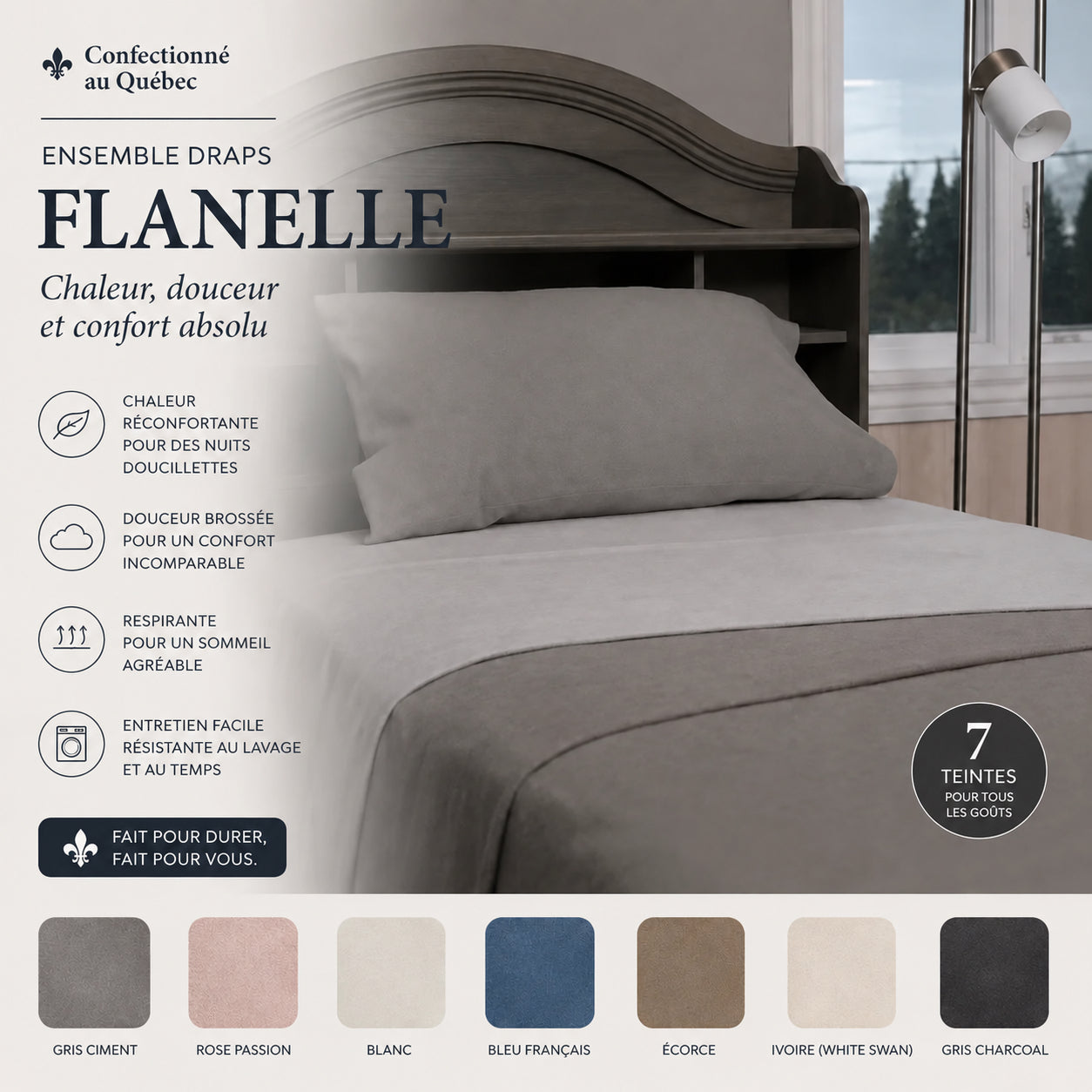 ( Fait au Québec )- Ensemble draps FLANELLE  ( 7 teintes ) - Draps Zénima - Literie-Déco et moi 
