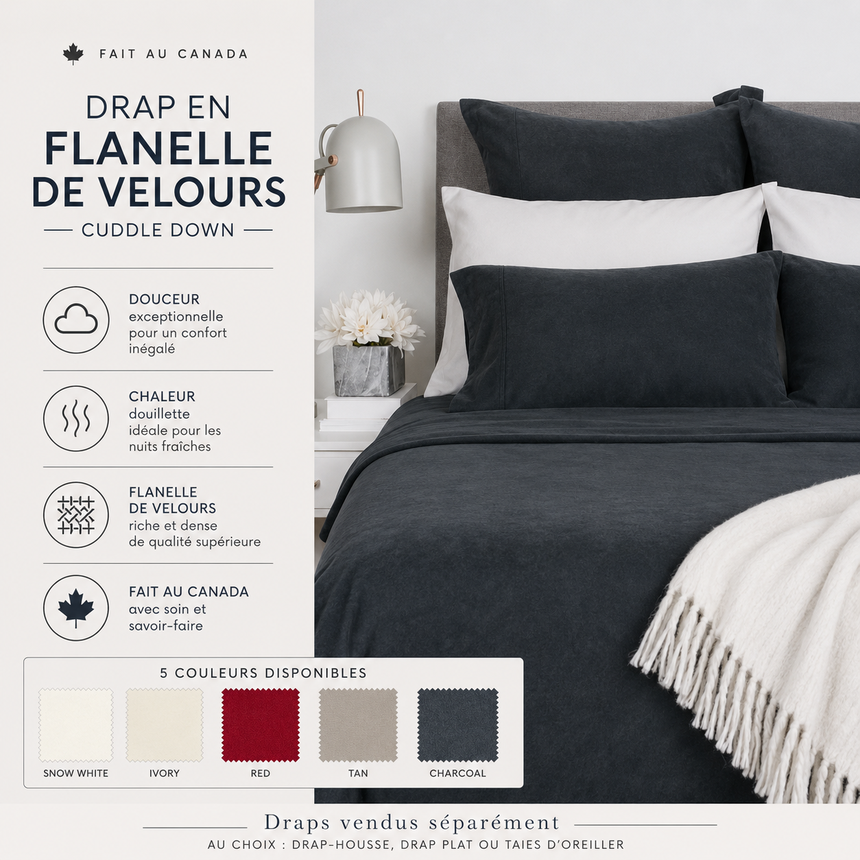 (Fait au Canada)Drap en flanelle de velours (Vendus séparément, au choix: drap-housse, drap plat , ou taies d'oreiller ) - DRAPS Cuddle Down - Literie-Déco et moi 
