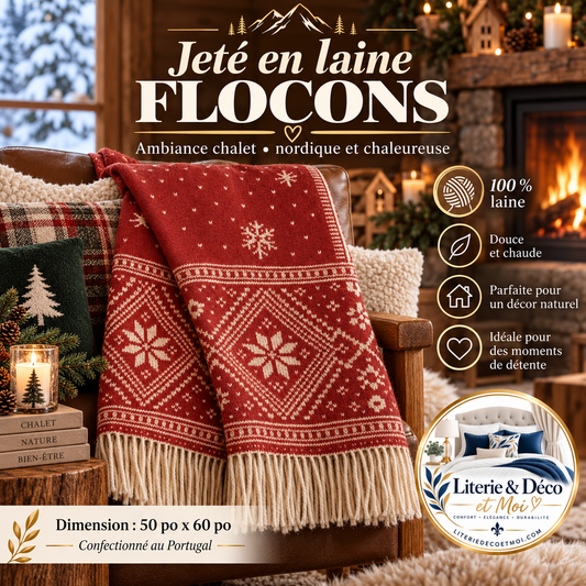 Jeté en laine rouge Flocons (100% laine) - Coussins Accent mode - Literie-Déco et moi 