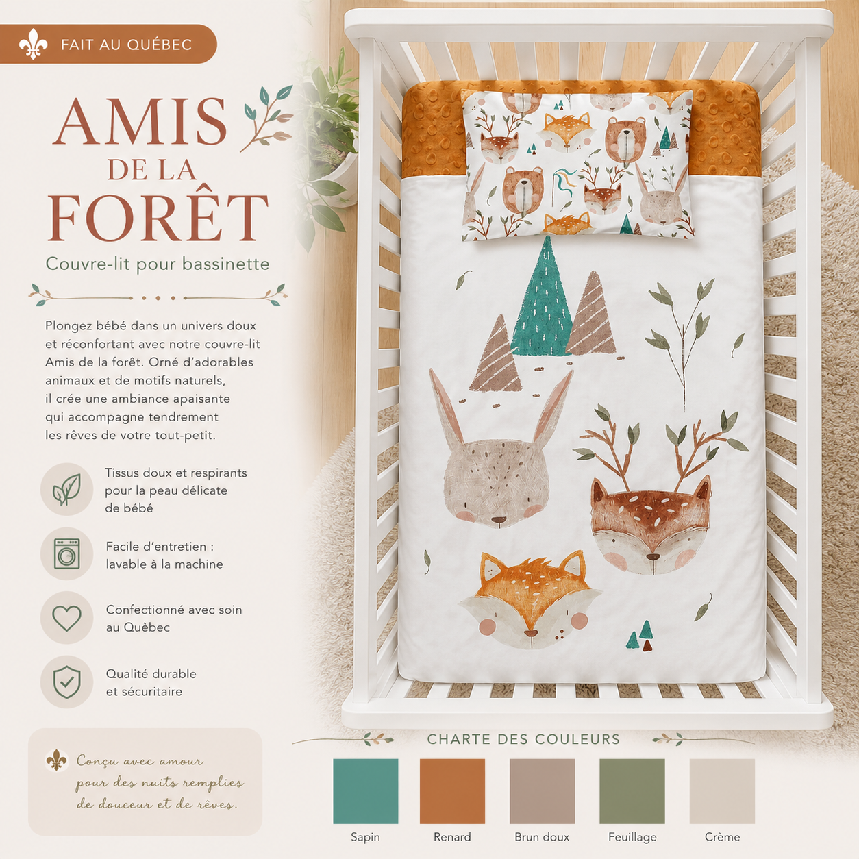 (FAIT AU QUEBEC) Amis de la forêt - Couvre-lit pour bassinette - Douillette Fait Québec- oleoops - Literie-Déco et moi 
