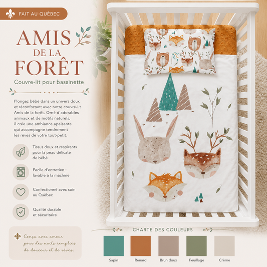 (FAIT AU QUEBEC) Amis de la forêt - Couvre-lit pour bassinette - Douillette Fait Québec- oleoops - Literie-Déco et moi 