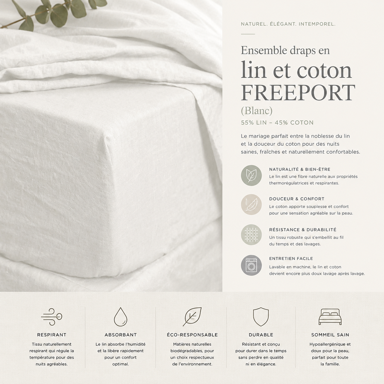 Ensemble draps en lin et coton FREEPORT ( blanc )  ( 55% lin-45% coton) - Draps rjs trading - Literie-Déco et moi 